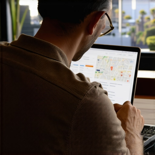 Business owner reviewing local SEO analytics with San Diego landmarks in background.