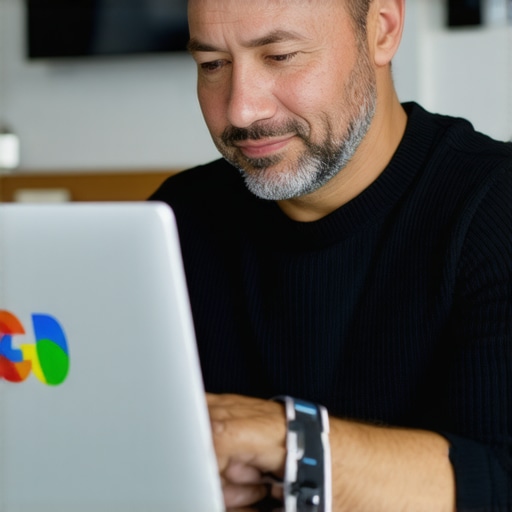 Business owner optimizing Google profile with laptop and marketing materials